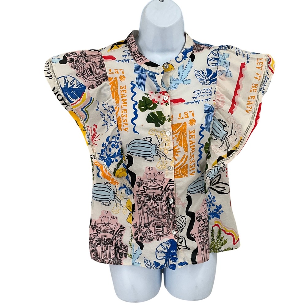 Marc New York Top Women S Multicolor Cotton Ruffle Sleeve Boho Whmsical Bold